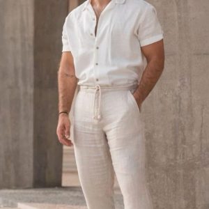 Pantalon ceinturé en lin naturel