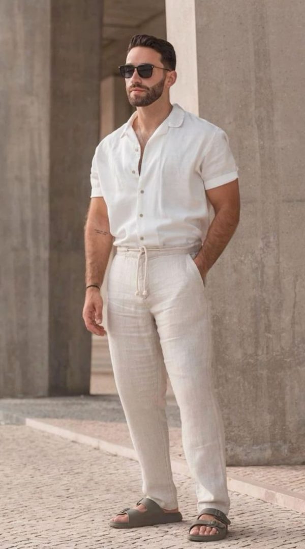 Pantalon ceinturé en lin naturel